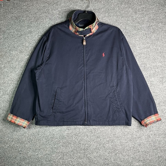 Vintage Polo Ralph Lauren Full Zip Jacket Men's XXL Blue Plaid Detail Harrington